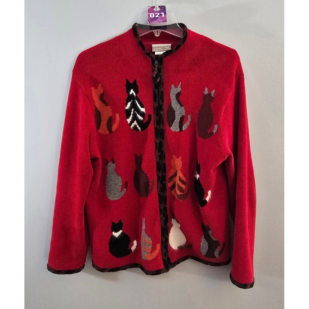 Coldwater Creek Womens Cardigan Red Novelty Cat Print Sweater Zip Front Size L